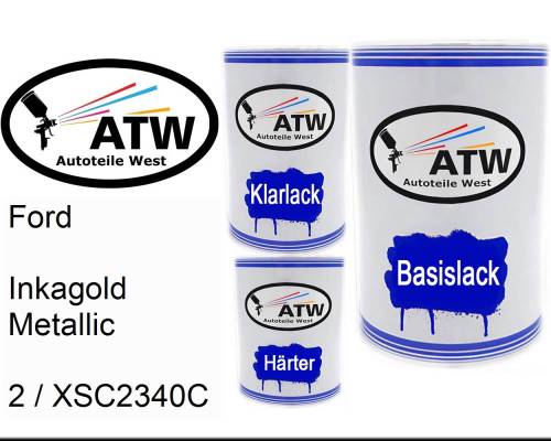 Ford, Inkagold Metallic, 2 / XSC2340C: 500ml Lackdose + 500ml Klarlack + 250ml Härter - Set, von ATW Autoteile West.